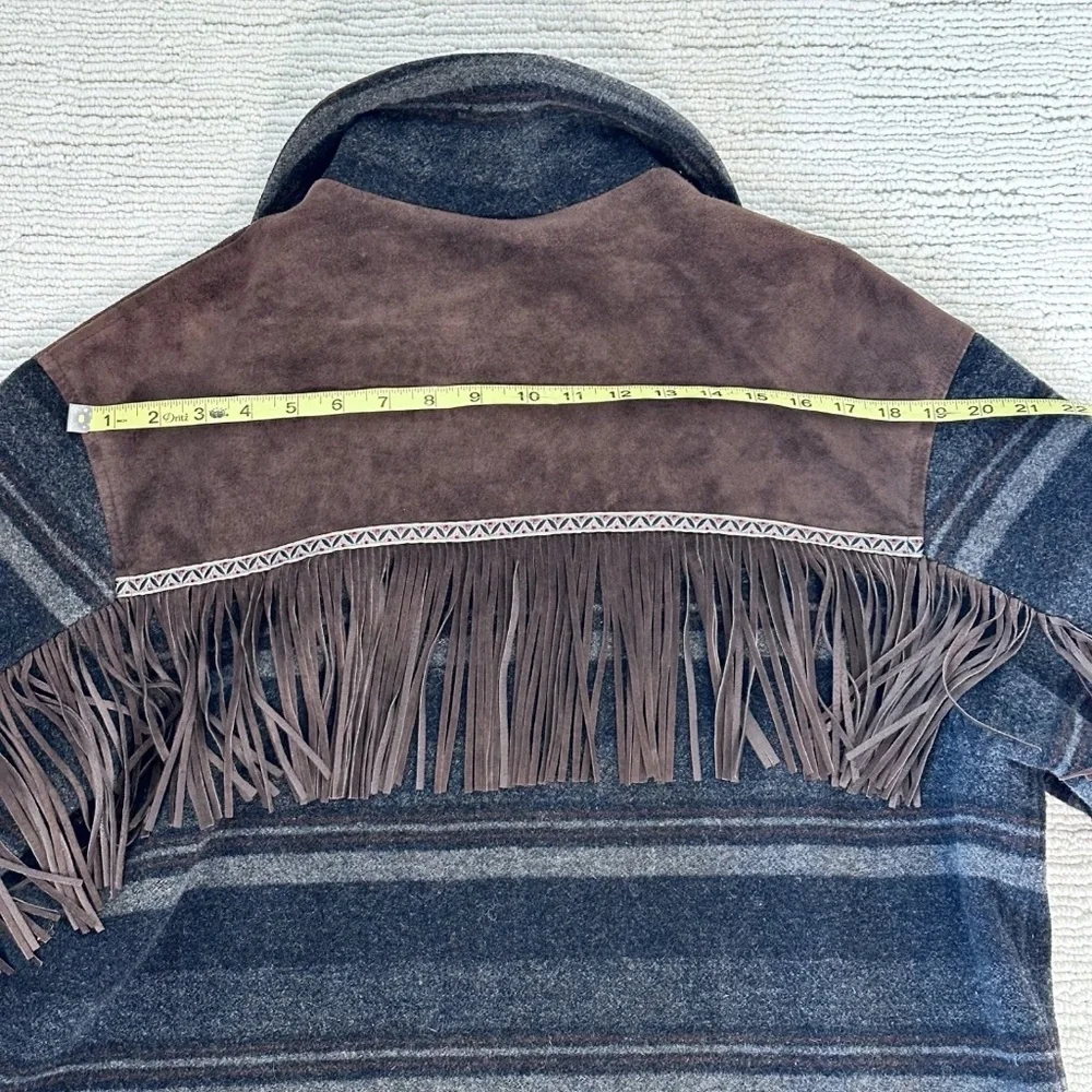 BLEU BLANC ROUGE Vintage Women L Brown/Blue Coat Fringe Suede Yellowstone Tribal